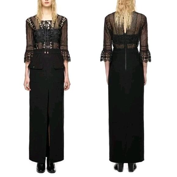 Self Portrait Long Maxi Dress Guipure Lace Up Split Front Black Size 2 - Picture 2 of 11